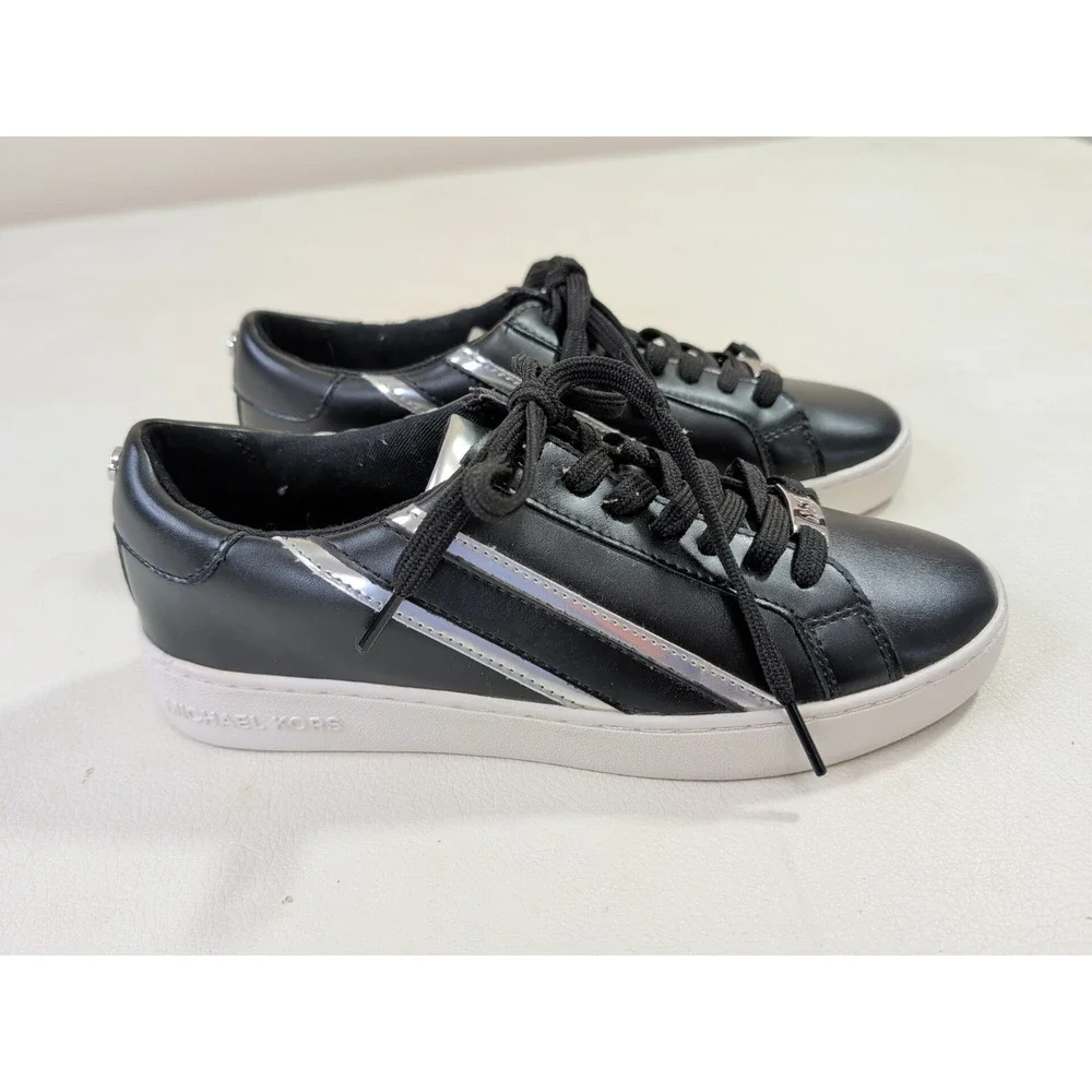 Michael Kors Slade Sneaker Womens 7 Black Silver Vegan Casual Fashion Streetwear